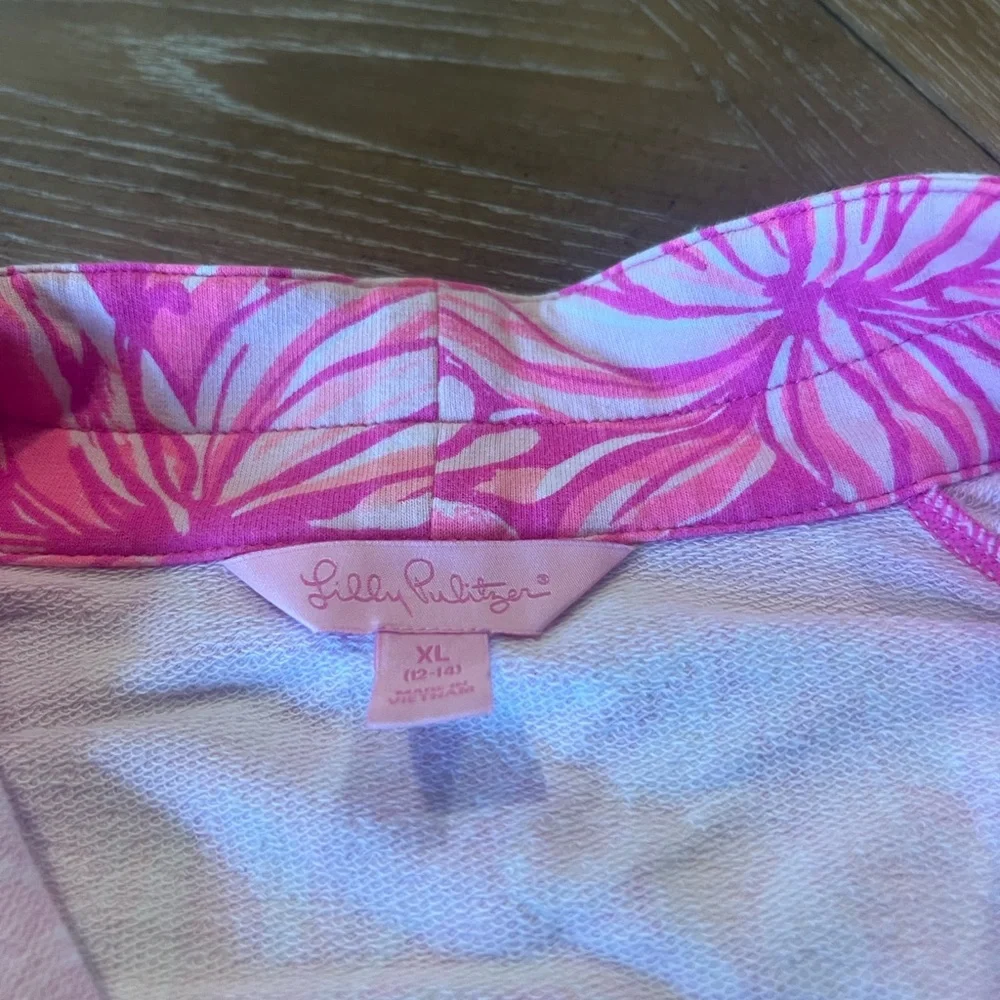 • Pink quarter zip pullover jacket with pink floral and cat print. - Picture 3 of 4